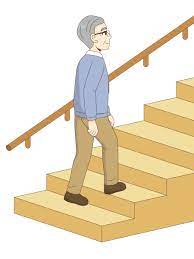 手すり付きの階段を上る男性高齢者（高齢者（おばあさん・おじいさん）/介護現場の人物）の無料イラスト | 介護アンテナ