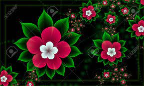 Digital Fractal 3d Design Flower Card Red Flowers With White Center On Black Background With Green Beads Stock Photo Picture And Royalty Free Image Image 99475921