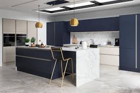 Free Standing Counter Lacquer Navy Blue Kitchen Cabinets In 2020 Handleless Kitchen Navy Blue Kitchen Cabinets Handleless Kitchen Cabinets