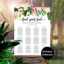 Tropical Wedding Seating Chart Template Tropical Wedding Party Table Seating Chart Printable Floral Editable Large Wedding Poster Sch24