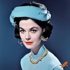 Laura pulver as irene adler in 1960, black-haired, fancy lightblue dress,  golden necklace, blind woman, blindfolded, blue backdrop