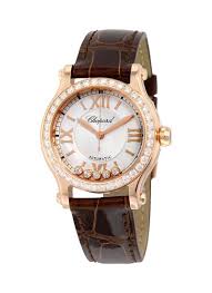 Roman numerals mark the 3, 6, 9 and 12 o'clock positions. 274893 5002 Chopard Happy Sport Round Rose Gold Essential Watches