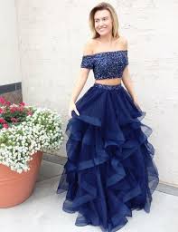 Off Shoulder Cap Sleeve Navy Blue Two Piece Prom Dresses With Multi Layered Tulle Skirt Prom Dresses Blue Prom Dresses For Teens Two Piece Evening Dresses