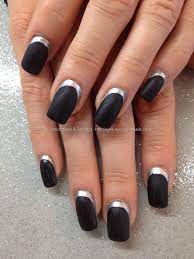 Eye Candy Nails Training Black Matt Polish With Silver Cuticle Edge Over Acrylic Nails By Elaine Moore O Black Acrylic Nails Nail Art Designs Elegant Nails