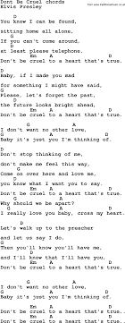 Song Lyrics With Guitar Chords For Don T Be Cruel Guitar Lessons Songs Guitar Chords For Songs Easy Ukulele Songs