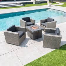 Noble House Mixed Black 6 Piece Wicker Patio Fire Pit Conversation Set With Dark Gray Cushion 11887 The Home Depot Fire Pit Seating Fire Pit Patio Patio Fire Pit