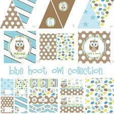 Blue Hoot Owl Full Decoration Set Instant Download Printable Party Shower Cupcake Toppers Bottle Wraps P Owl Party Decorations Baby Boy Decorations Owl Party