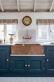 So Beautiful I Love The Copper With The Blue Cabinets Manor House Interior Farmhouse Sink Kitchen Teal Cabinets