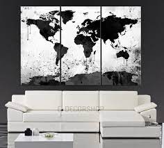 Large Black White World Map Canvas Print 3 Piece Watercolor Splash Map Large Canvas Wall Art Large Canvas Wall Art White Wall Art Black And White Wall Art