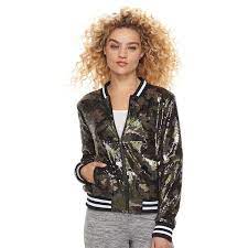 Madden Nyc Juniors Sequin Camo Bomber Jacket