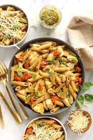 I've played around with the method and the ingredients and have found when the pasta cooks in chicken stock it lends the best flavor. Pesto Chicken Pasta Easy 30 Minute Meal Fit Foodie Finds