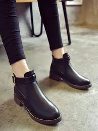 Black Ankle Boots No Heel Leather Casual Round Toe Ankle No Zipper Black Mid Heel Chunky Side Buckle Pu Elastic Ankle Boots Black Ankle Boots Black Shoes Women Boots
