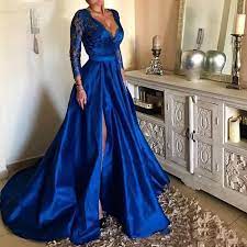 Robe de soirée bleu manche longue. Bleu Royal Col En V Dentelle Satin Robe De Soiree Manches Longues Cote Fendu Etage Longueur Robe De Bal Aliexpress