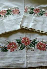 Make money from our patterns. Vintage Hand Embroidery Cross Stitch Pillowcases Double Bed Sheet Set 1950s Floral Motif Cross Stitch Embroidery Floral Cross Stitch Hand Embroidery