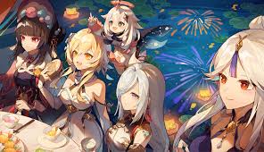 lumine, paimon, shenhe, ningguang, yun jin, and 1 more (genshin impact)  drawn by autumnlll | Danbooru