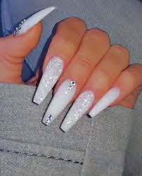 60 simple acrylic coffin nails colors designs koees blog. Extra Long White Coffin Nails With Glitter And Rhinestones Long Acrylic Nails Coffin Best Acrylic Nails White Acrylic Nails