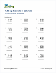 Mathematics worksheets for class 5 cbse includes worksheets on decimals as per ncert syllabus. Grade 5 Math Worksheets Adding Decimals In Columns K5 Learning