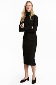 Black Fitted Calf Length Turtleneck Dress In Jersey Concealed Zip At Back Of Neck Extra Long Sleeves Turtle Neck Dress Black Turtleneck Dress Casual Frocks