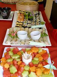 Yakisoba is a fried noodle with vegetables and meats. Frog Goose And Bear Japanese Party Blossom Fruit And Rice Paper Rolls And Sushi Japanese Party Japan Party Sushi Party