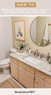Using a brush, edge a coat of extreme bond primer to all exposed areas of the bathroom vanity. Repaint Your Vanity Without Sanding Dream Green Diy
