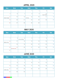 Federal holidays and observances (us. Printable April May June 2020 Calendar Word Pdf Free Printable 2021 Monthly Calendar With Holidays