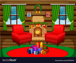 Classic interior with fireplace and windows curtains. Cartoon Living Room With Christmas Tree