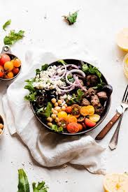 Grilled Lamb Salad Bowls With Zingy Lemon Dressing Blue Bowl Recipe Lamb Salad Savory Salads Grilled Lamb