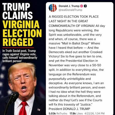 President Trump is now calling Virginia's redistricting referendum “RIGGED” after voters approved a new congressional map that could help Democrats flip as many as four Republican-held U.S. House seats in November. Reuters