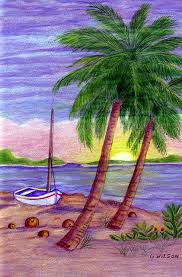 Palm Tree And Boat Beach Scene Painting Caribbean Art Seascapes Art