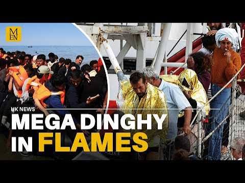 'MEGA DINGHY' carrying 157 migrants CATCHES FIRE in channel sparking HUGE rescue operation - YouTube