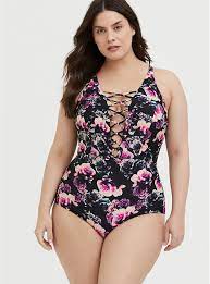 Black Floral Deep V Lattice Wireless One Piece Swimsuit Plus Size Swimsuit Tops Plus Size Swimsuits One Piece