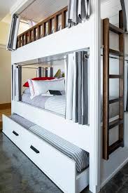 Custom White Bunk Bed With Trundle Is Designed To Retreat With Gray And White Curtains Diy Bunk Bed White Bunk Beds Bunk Bed With Trundle