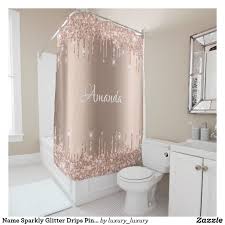 Name Sparkly Glitter Drips Pink Rose Blush Bridal Shower Curtain Zazzle Com In 2020 Rose Gold Shower Curtain Gold Shower Curtain Gray Shower Curtains