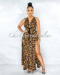Adelphie Leopard Print Long Halter Two Piece Set