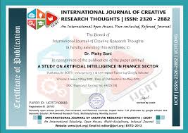 The Board of International Journal of Creative Research Thoughts Is hereby  awarding this certificate to Dr. Pinky Soni In recogn