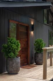 Matte Black Vertical Panel Siding Dark Wood Door Transom Windows Lucy And Company Black House Exterior Exterior House Colors House Paint Exterior