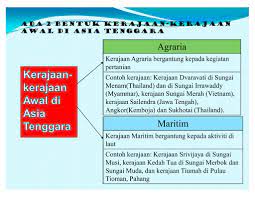 Kerajaan agraria kegiatan ekonomi pertanian, penternakan dan memungut hasil hutan kerajaan terbentuk di kawasan pertanian yang subur kerajaan maritim slideshow. Kjaan Awal Asia Tenggara