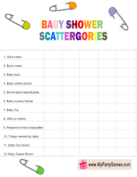 Free Printable Baby Shower Scattergories Game List In Rainbow Colors Baby Shower Planning List Baby Shower Rainbow Baby Shower