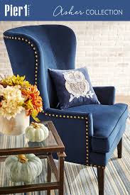 A Graceful Wing Chair In Search Of A Cozy Corner Pier 1s Asher Armchair Is All About Classic Li In 2020 Upholstered Chairs Blue Dining Room Decor Wing Chair Upholstery
