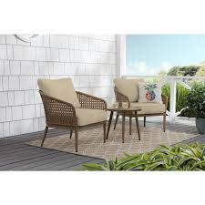 Hampton Bay Coral Vista 3 Piece Brown Wicker Outdoor Patio Bistro Set With Cushionguard Putty Tan Cushions H174 01202400 The Home Depot In 2020 Patio Lounge Chairs Bistro Set Resin Wicker Patio Furniture