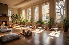 Warm lit yoga room in the evening