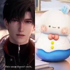 Snowman and baby snowman are smiling