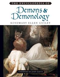 Silhouette of a cartoon woman in a hat riding a broomstick. The Encyclopedia Of Demons And Demonology