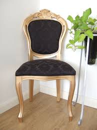 Shimmery Gold French Italian Dining Chair With Black Damask Fabric Added With A Black Lace Trim Furniture Design Dining Chairs Damask Curtains
