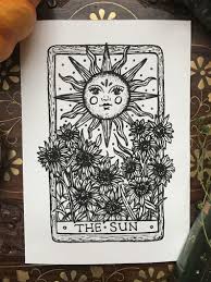 The sun, partner to the moon card is one of the most positive tarot cards, it brings optimism, joy the sun is giving you a reason to smile! The Sun Tarot Card Art Print Tarot Cards Art Tarot Card Tattoo The Sun Tarot Card