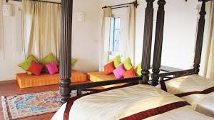 Twin Four Poster Beds Colourful Indian Style Baithak Golden Lupin A Family Villa At Wildflower Villas Goa Home Home Decor Living Room