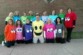 Pacman And His Ghosts Are A Great Costume Idea For Large Groups Halloween Costumes For Work Teacher Halloween Costumes Halloween Costumes Friends
