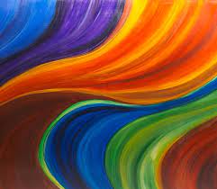 This original, highly colorful abstract wave painting is framed in a simple white frame to highlight the colors of the image. Abstract Color Wave Painting By Kathy Kurtz