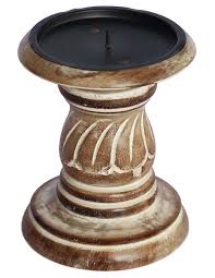 An articulated column finishes in a tall spike, intended to support a wide candle. Bulk Shabby Chic Pillar Candle Holder Stand In Wood Decorative Distressed Look From Wholesale Suppliers 5 Inch Wood Decorative Centerpiece For Table Tea Light Candle Holder Christmas Home Garden Decor Accessories At Unbeatable Price From