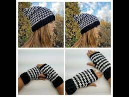 How To Crochet Unisex Houndstooth Fingerless Gloves And Slouchy Hat Set Glove Crochet Tutorial Crochet Hat For Women Crochet Waffle Stitch Crochet Slouchy Hat